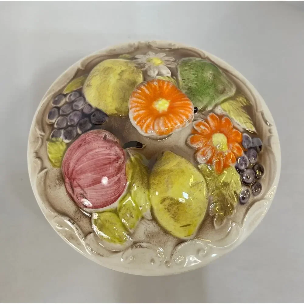 Covered Dish Ceramic Retro Raised Fruit & Floral Pattern Candy Sugar Vintage